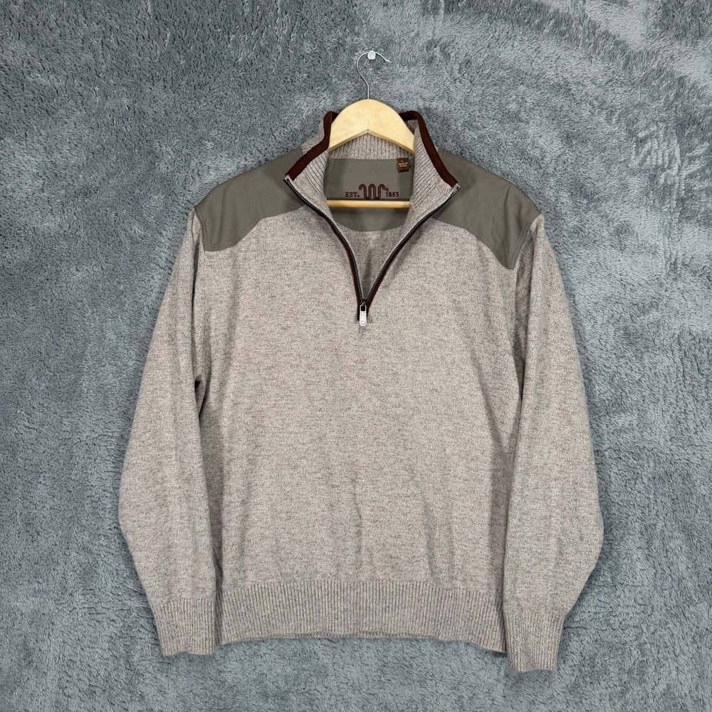 King Ranch Sweater Mens L Heather Beige‎ 100% Wool 1/4 Zip Padded Shoulders